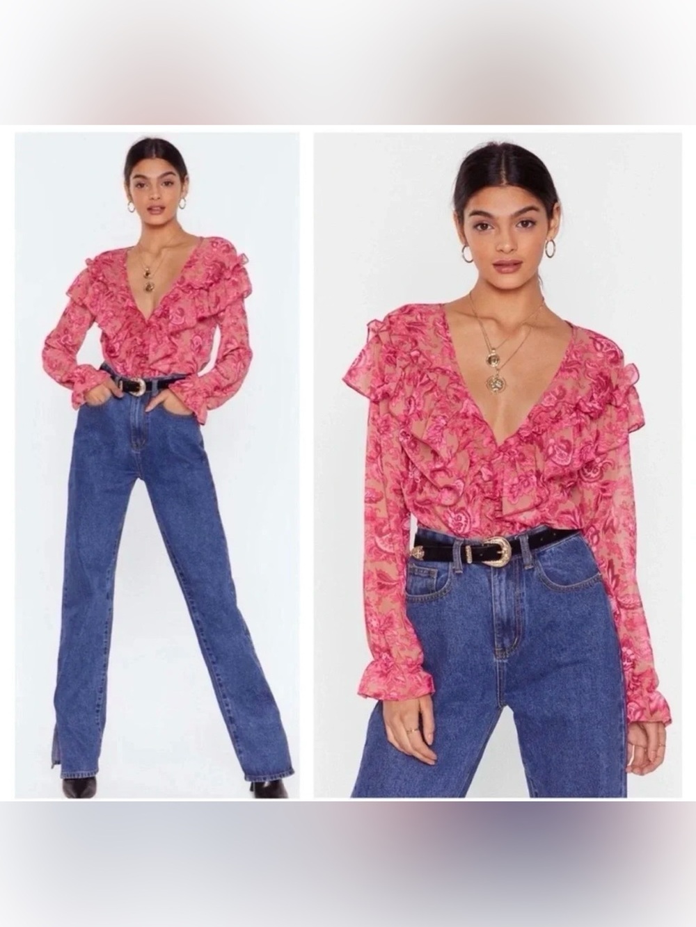 Nasty Gal Pink Floral Ruffle Blouse Long Sleeve Size 8